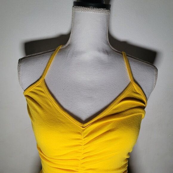 Yellow Cabbage Womens Yellow V Neck Spaghetti Strap Scrunch Mini Dress Sz Small - Picture 3 of 5